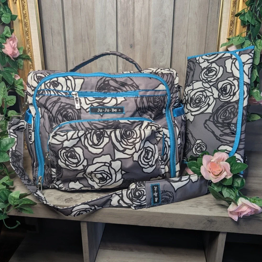 Ju-Ju-Be Gray Rose Floral Diaper Bag w/ Changing Pad Large Baby Travel Bag
